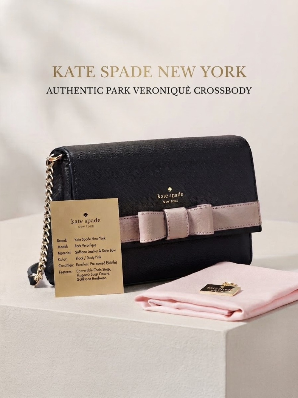 Kate Spade Black & Dusty Pink Bow Crossbody Bag - Saffiano Leather Chain Strap
